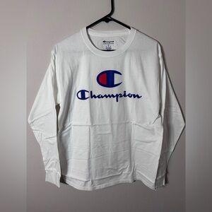 Champion Men's White Long Sleeve Tee with red and Blue Logo size medium